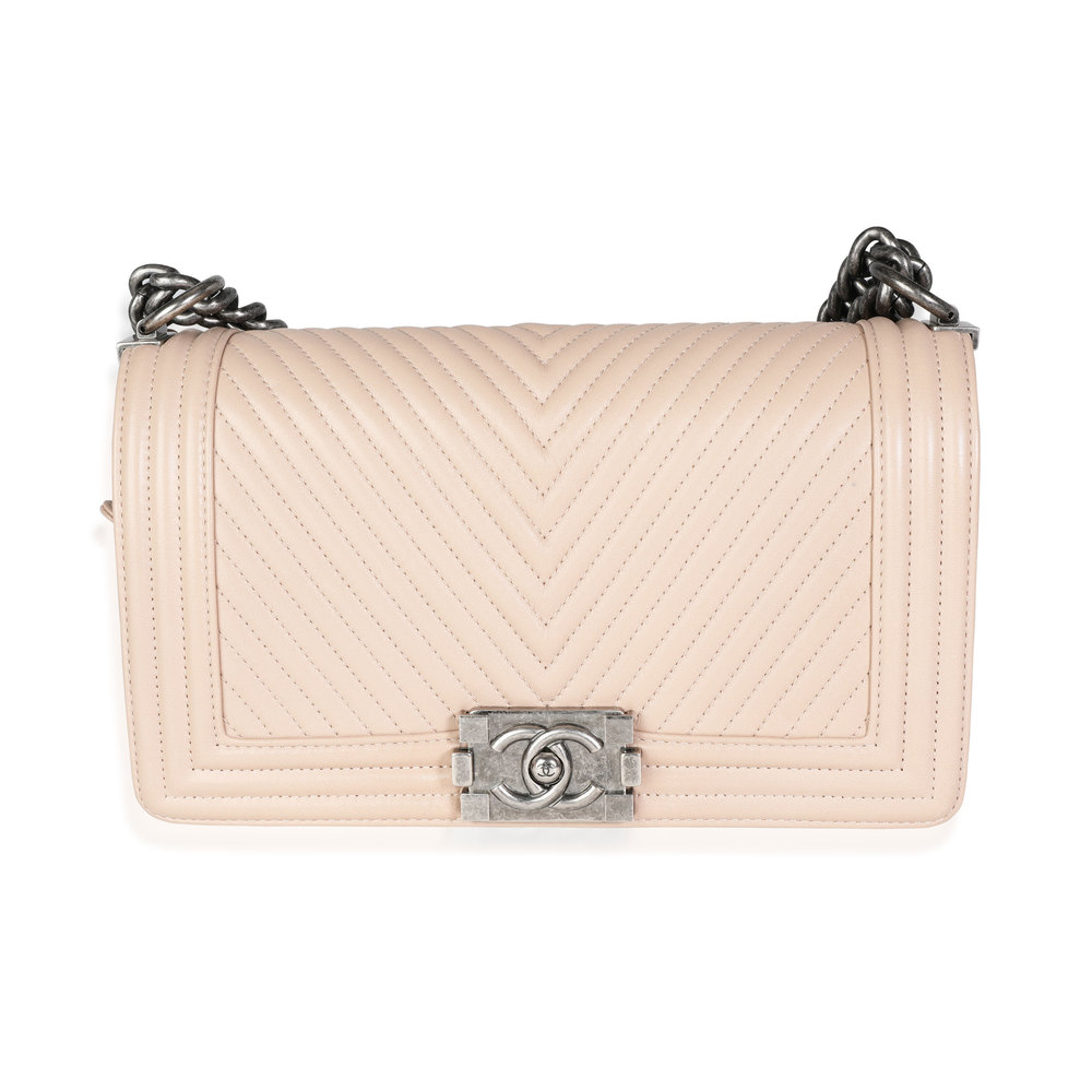 Chanel Light Beige Chevron Quilted Lambskin Medium Boy Bag